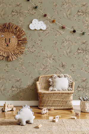 Noah wallpaper by Curate Space in soft green, palm trees, tropical foliage and animals in a nursery