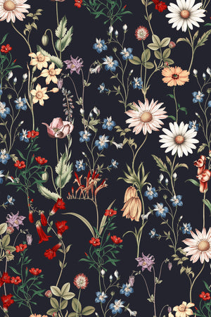 Nola wallpaper by Curate Space in midnight blue, full repeat of wildflowers and tall stems