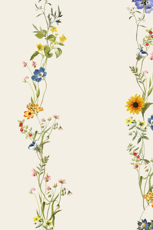 Olive wallpaper by Curate Space in light cream, close-up of vertical stripes of botanical stems and wildflowers