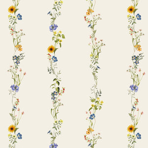 Olive wallpaper by Curate Space in light cream, full repeat of vertical stripes of botanical stems and wildflowers