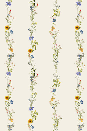 Olive wallpaper by Curate Space in light cream, full repeat of vertical stripes of botanical stems and wildflowers