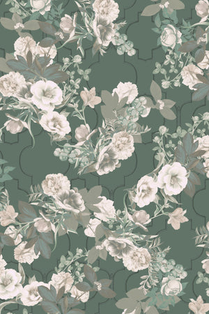 Orla wallpaper by Curate Space in dark green, full repeat of layered florals and foliage over a trellis