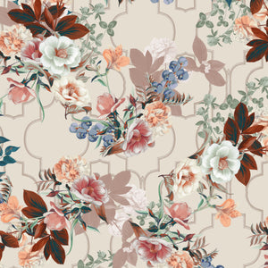 Orla wallpaper by Curate Space in light cream, full repeat of layered florals and foliage over a trellis