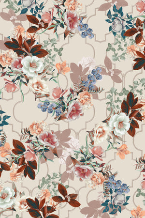 Orla wallpaper by Curate Space in light cream, full repeat of layered florals and foliage over a trellis