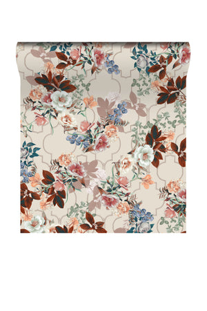 Orla wallpaper by Curate Space in light cream, rolled length showing layered florals and foliage over a trellis