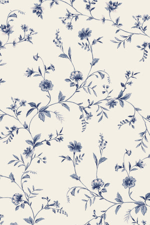 Paloma Curate Space wallpaper in blue, full repeat of trailing floral stems