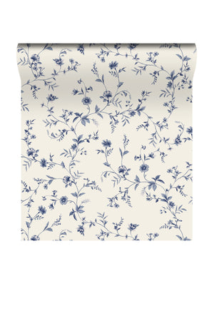 Paloma wallpaper by Curate Space in blue, rolled length showing trailing floral stems