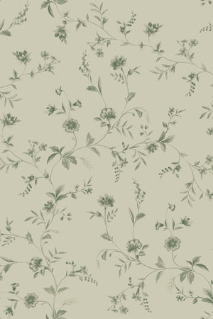 Paloma wallpaper by Curate Space in soft green, full repeat of trailing floral stems