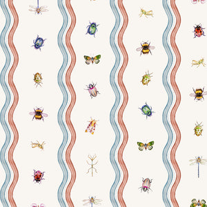 Ren wallpaper by Curate Space in off-white, full repeat of wavy stripes with bugs and butterflies