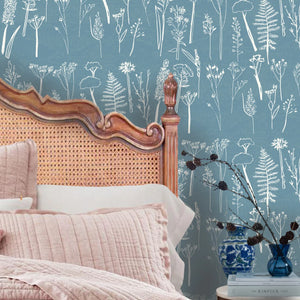 Daily Walk wallpaper by Annika Reed in blue, wild grasses and seed heads in a bedroom