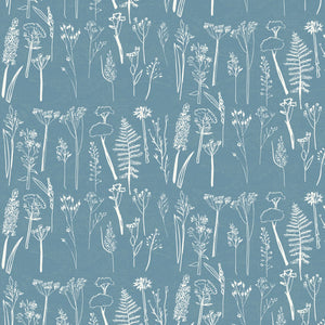 Daily Walk wallpaper by Annika Reed in blue, full repeat of wild grasses and seed heads