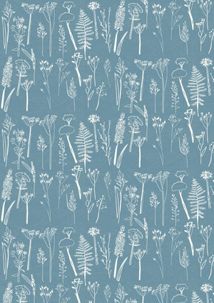 Daily Walk wallpaper by Annika Reed in blue, full repeat of wild grasses and seed heads