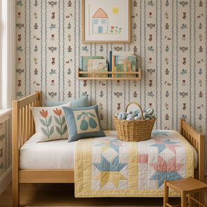 Dance Away With the Fairies wallpaper by Annika Reed in cream and blue, fairies in rows in a bedroom