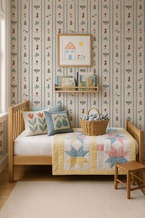 Dance Away With the Fairies wallpaper by Annika Reed in cream and blue, fairies in rows in a bedroom