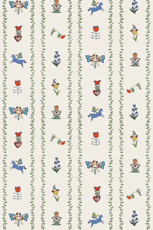 Dance Away With the Fairies wallpaper by Annika Reed in cream and green, flat sample of fairies in rows