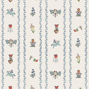 Dance Away With the Fairies wallpaper by Annika Reed in cream and blue, full repeat of fairies in rows