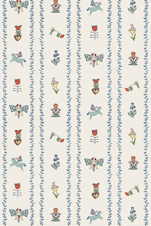 Dance Away With the Fairies wallpaper by Annika Reed in cream and blue, full repeat of fairies in rows