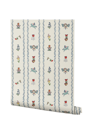 Dance Away With the Fairies wallpaper by Annika Reed in cream and blue, roll showing fairies in rows