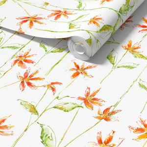 Dancing Autumn Daisies wallpaper by Seed Home Designs in orange and green, roll showing orange daisies on tall stems