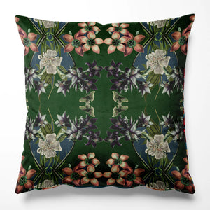 Hampi velvet by Tatie Lou in cream and pink, tropical flowers in a mirrored print made into a cushion