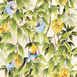 Disco Lemons wallpaper by Brand McKenzie in yellow and green, lemon branches with disco balls above kitchen cabinets