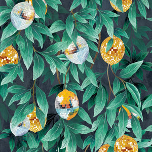 Disco Lemons wallpaper by Brand McKenzie in teal, close view of lemon branches with disco balls