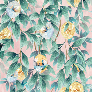 Disco Lemons wallpaper by Brand McKenzie in pink and green, pattern detail of lemon branches with disco balls