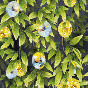 Disco Lemons wallpaper by Brand McKenzie in green and yellow, detail of lemon branches with disco balls