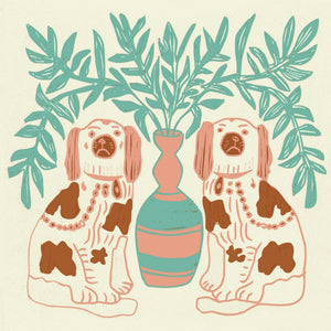 Pair of Dogs wallpaper by Annika Reed in mint green and brown, close-up of pairs of dogs and vases