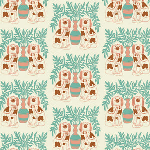 Pair of Dogs wallpaper by Annika Reed in mint green and brown, full repeat of pairs of dogs and vases