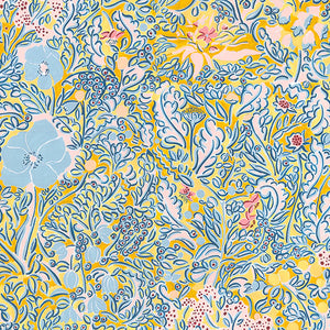 Douce linen by Claire de Quénetain in pink and yellow, full repeat of a hand-painted floral design