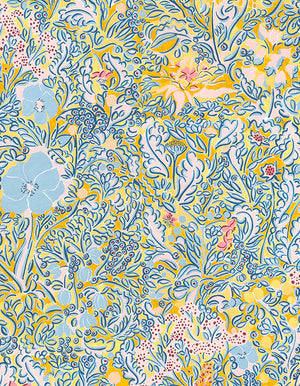 Douce linen by Claire de Quénetain in pink and yellow, full repeat of a hand-painted floral design