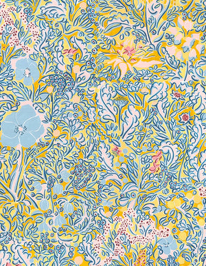 Douce wallpaper by Claire de Quénetain in pink and yellow, full repeat of a hand-painted floral design