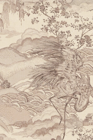 Dream Catcher wallpaper by Victoria Sanders in taupe, close-up of a dreamlike toile of birds and foliage