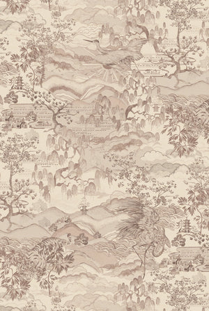 Dream Catcher wallpaper by Victoria Sanders in taupe, full repeat of a dreamlike toile of birds and foliage