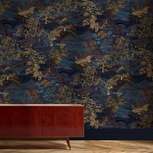 Dream Catcher wallpaper by Victoria Sanders in taupe, a dreamlike toile of birds and foliage above a sideboard