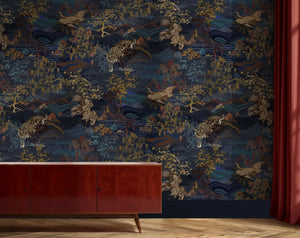 Dream Catcher wallpaper by Victoria Sanders in taupe, a dreamlike toile of birds and foliage above a sideboard