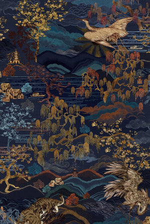 Dream Catcher wallpaper by Victoria Sanders in indigo, flat sample of a dreamlike toile of birds and foliage