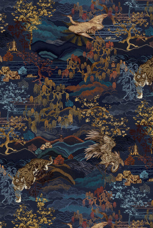 Dream Catcher wallpaper by Victoria Sanders in indigo, full repeat of a dreamlike toile of birds and foliage