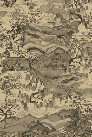 Dream Catcher wallpaper by Victoria Sanders in beige, full repeat of a dreamlike toile of birds and foliage