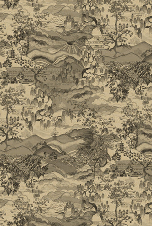 Dream Catcher wallpaper by Victoria Sanders in beige, pattern sample of a dreamlike toile of birds and foliage