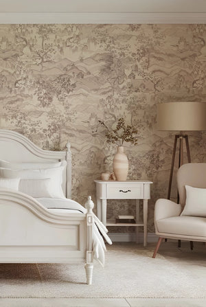 Dream Catcher wallpaper by Victoria Sanders in taupe, a dreamlike toile of birds and foliage in a bedroom