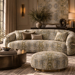 Dune Sand velvet by Dami and Em Design in beige, a woven design in a living room