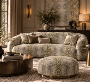Dune Sand velvet by Dami and Em Design in beige, a woven design in a living room