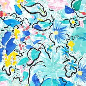 Eden linen by Claire de Quénetain in blue and pink, full repeat of a hand-painted floral design