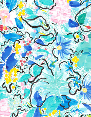 Eden linen by Claire de Quénetain in blue and pink, full repeat of a hand-painted floral design