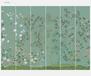 Eden Garden wallpaper by Dami and Em Design in green, pattern sample of a chinoiserie garden