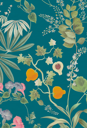 Eden wallpaper by Deus ex Gardenia in teal, close view of lush leaves and fruit