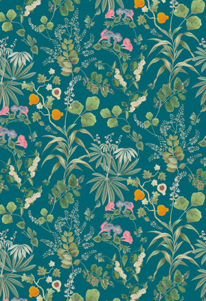 Eden wallpaper by Deus ex Gardenia in teal, pattern sample of lush leaves and fruit