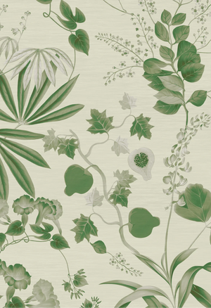 Eden wallpaper by Deus ex Gardenia in cream and green, flat sample of lush leaves and fruit